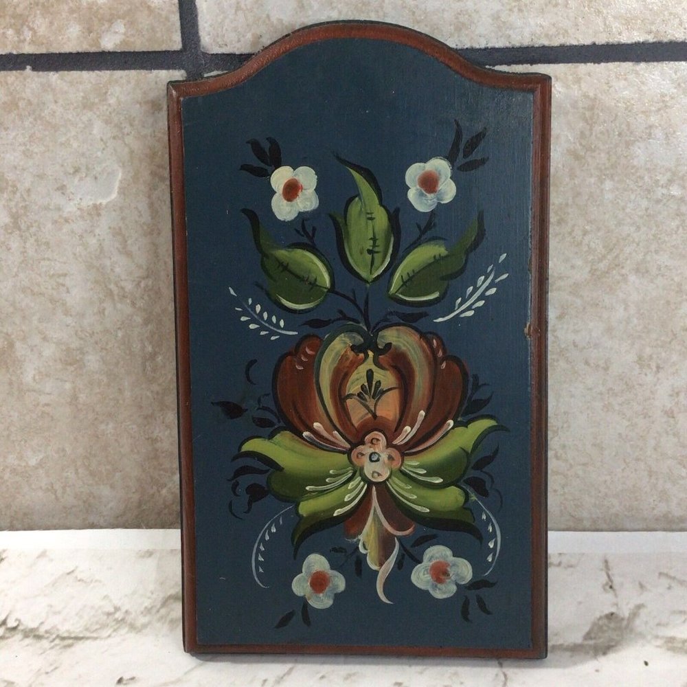 Wood Decor Sign Tole Paint Wall Art Floral Print‎ Blue Green Red 10” X 6”